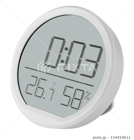 Minimalist digital table clock with large screen, humidity and calendar. On a white background 134454611