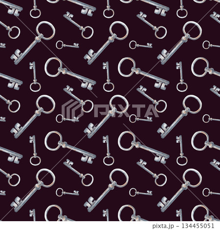 Seamless pattern with rusty keys on a dark background. Watercolor illustration with old objects. Vintage template with realistic keys for wallpaper design, packaging, textiles and tableware. 134455051
