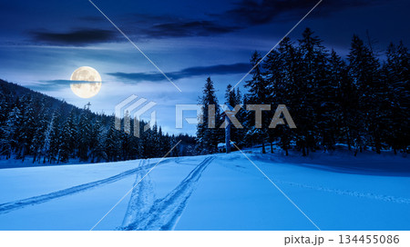 winter landscape with snow covered ground at night. mountains with frozen lake among spruce forest in full moon light. scenic view of winter wonderland. background for investment or abstract concepts winter landscape with snow covered ground at night. mountains with frozen lake among spruce forest in full moon light. scenic view of winter wonderland. background for investment or abstract concepts 134455086