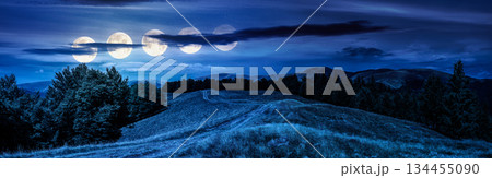 panorama of mountain ridge at night. country dirt road runs through grassy meadow near forest in full moon light. hiking location. beautiful weather. background for fake news or conspiracy concepts panorama of mountain ridge at night. country dirt road runs through grassy meadow near forest in full moon light. hiking location. beautiful weather. background for fake news or conspiracy concepts 134455090