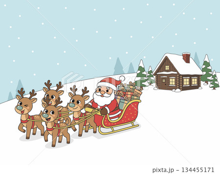Santa Claus Riding Sleigh with Reindeer in Snowy Winter Christmas Scene, Vector Illustration 134455171