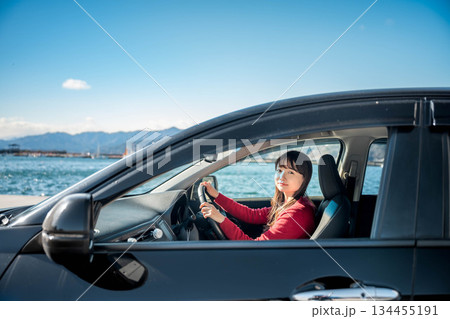 晴れた日に車を運転する若いロングヘアの女性 晴れた日に車を運転する若いロングヘアの女性 134455191