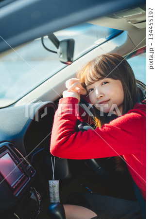 晴れた日に車を運転する若いロングヘアの女性 晴れた日に車を運転する若いロングヘアの女性 134455197