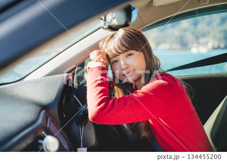 晴れた日に車を運転する若いロングヘアの女性 晴れた日に車を運転する若いロングヘアの女性 134455200