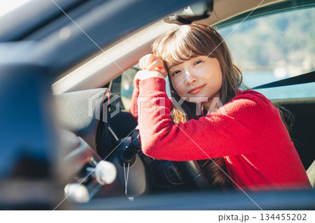 晴れた日に車を運転する若いロングヘアの女性 晴れた日に車を運転する若いロングヘアの女性 134455202