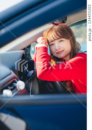 晴れた日に車を運転する若いロングヘアの女性 晴れた日に車を運転する若いロングヘアの女性 134455203