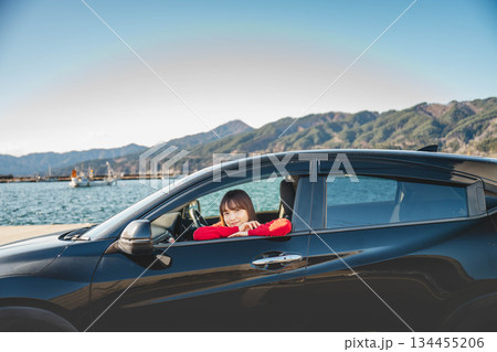晴れた日に車を運転する若いロングヘアの女性 晴れた日に車を運転する若いロングヘアの女性 134455206