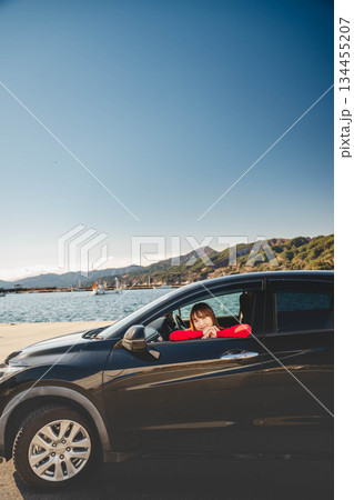 晴れた日に車を運転する若いロングヘアの女性 晴れた日に車を運転する若いロングヘアの女性 134455207