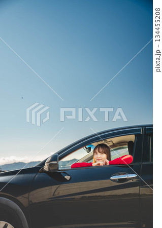 晴れた日に車を運転する若いロングヘアの女性 晴れた日に車を運転する若いロングヘアの女性 134455208