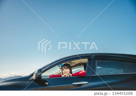 晴れた日に車を運転する若いロングヘアの女性 晴れた日に車を運転する若いロングヘアの女性 134455209