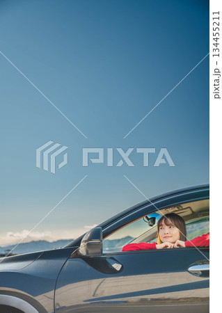 晴れた日に車を運転する若いロングヘアの女性 晴れた日に車を運転する若いロングヘアの女性 134455211