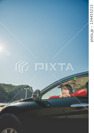 晴れた日に車を運転する若いロングヘアの女性 晴れた日に車を運転する若いロングヘアの女性 134455213