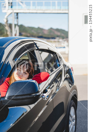 晴れた日に車を運転する若いロングヘアの女性 晴れた日に車を運転する若いロングヘアの女性 134455215