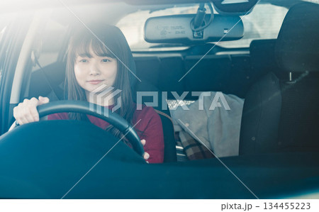 晴れた日に車を運転する若いロングヘアの女性 晴れた日に車を運転する若いロングヘアの女性 134455223