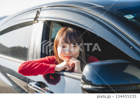 晴れた日に車を運転する若いロングヘアの女性 晴れた日に車を運転する若いロングヘアの女性 134455235