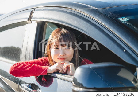 晴れた日に車を運転する若いロングヘアの女性 晴れた日に車を運転する若いロングヘアの女性 134455236