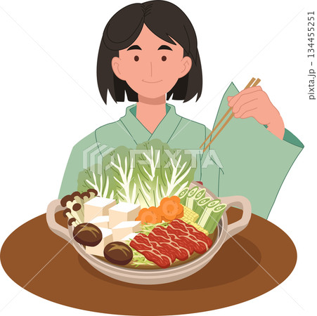 young woman eating japanese hot pot at home, fresh vegetables tofu and beef in a cozy dinner setting young woman eating japanese hot pot at home, fresh vegetables tofu and beef in a cozy dinner setting 134455251