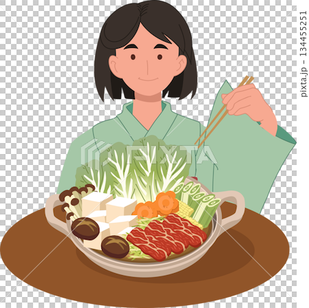 young woman eating japanese hot pot at home, fresh vegetables tofu and beef in a cozy dinner setting young woman eating japanese hot pot at home, fresh vegetables tofu and beef in a cozy dinner setting 134455251