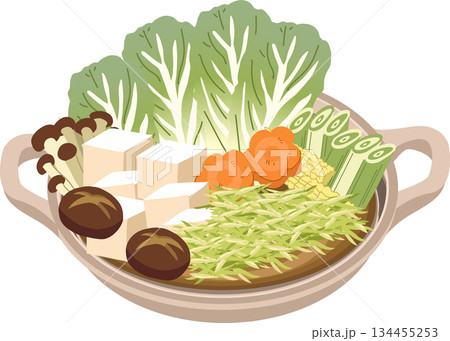 Japanese nabe hot pot with vegetables and tofu served in a clay pot, home style winter meal 134455253