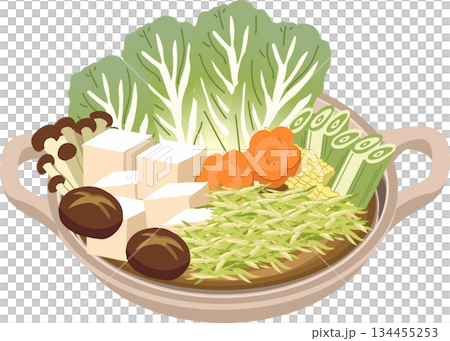 Japanese nabe hot pot with vegetables and tofu served in a clay pot, home style winter meal 134455253