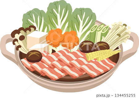 Japanese hot pot nabe pork belly tofu mushrooms and vegetables in a clay pot, inspired by home cooking in Japan 134455255