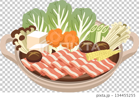 Japanese hot pot nabe pork belly tofu mushrooms and vegetables in a clay pot, inspired by home cooking in Japan 134455255