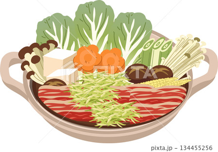 japanese hot pot nabe ingredients tofu mushrooms and sliced meat in clay pot. 134455256