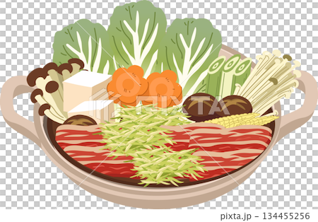 japanese hot pot nabe ingredients tofu mushrooms and sliced meat in clay pot. 134455256