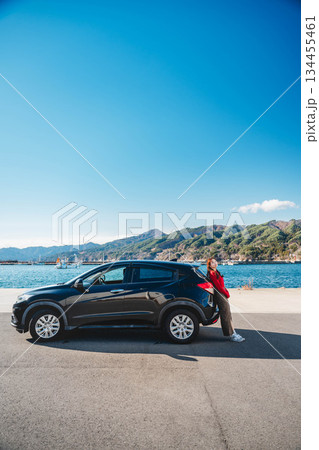 青空のもと冬の海で車に寄りかかって休憩するロングヘアの若い女性 青空のもと冬の海で車に寄りかかって休憩するロングヘアの若い女性 134455461