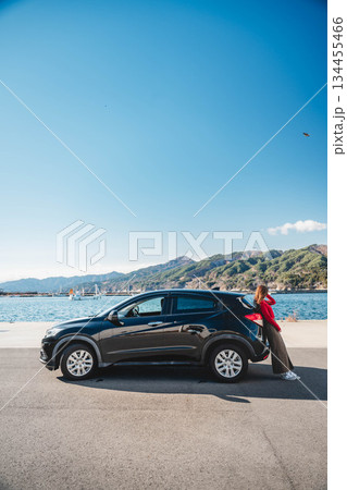 青空のもと冬の海で車に寄りかかって休憩するロングヘアの若い女性 134455466