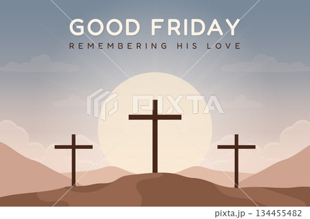 Good Friday Christian background with three crosses on Calvary hill at sunset. 134455482