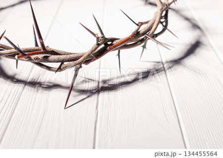 Jesus Crown of thorns shadow silhouette against textured gray surface, symbol spiritual pain and redemptive struggle Banner good friday background, concept for Christian Easter 134455564