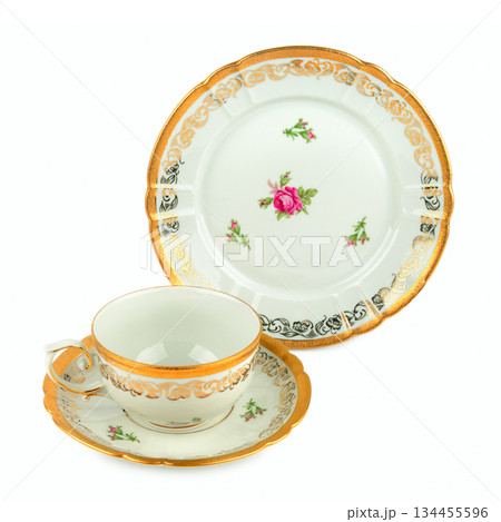 Sophisticated Tea Cup and Dessert Plate with Rose Design Sophisticated Tea Cup and Dessert Plate with Rose Design 134455596