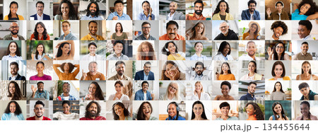 A vibrant collage showcases a diverse group of happy individuals, highlighting multiracial and polyethnic backgrounds. Each face reflects a unique story of joy and connection. 134455644