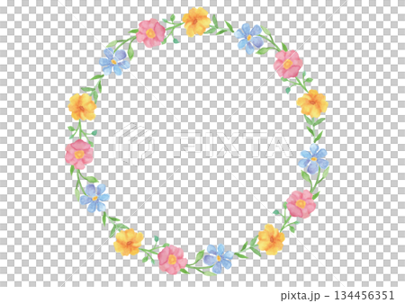 水彩柔和三色花卉圓形畫框 134456351