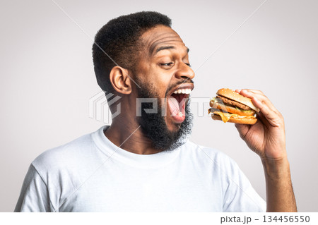 Side View Of Hungry African American Guy Eating Burger Standing In Studio Over White Background. Junk Food And Overeating Habit. Black Man Biting Cheeseburger Unhealthy Nutrition Concept Side View Of Hungry African American Guy Eating Burger Standing In Studio Over White Background. Junk Food And Overeating Habit. Black Man Biting Cheeseburger Unhealthy Nutrition Concept 134456550