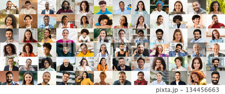 A lively collection of portraits showcases diverse individuals from different backgrounds, all sharing genuine smiles. This set highlights the beauty of unity in diversity amid everyday moments. 134456663