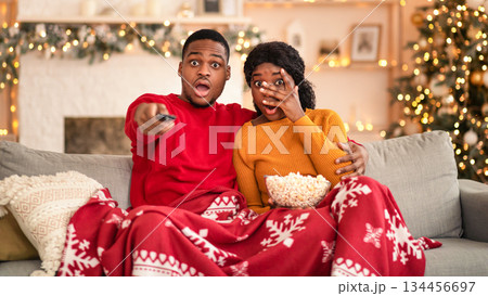 Horror movie on New Year weekend and free time at home. Millennial scared african american couple with remote control and popcorn covered with blanket and watch tv in interior with tree with garlands Horror movie on New Year weekend and free time at home. Millennial scared african american couple with remote control and popcorn covered with blanket and watch tv in interior with tree with garlands 134456697