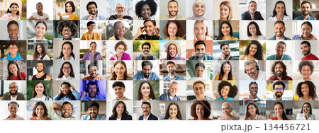 A vibrant collage of diverse faces reflects joy and unity. Each individual represents different backgrounds and cultures, celebrating happiness and community in everyday life. 134456721