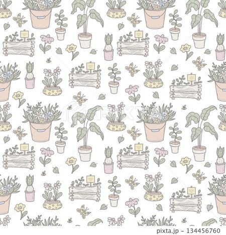 Seamless Gardening Pattern. Repeating Spring Potted Plants, Flowers, And Botanical Cozy Home Decor on White Background. Pastel Hand Drawn Doodle. Vector illustration. Not AI 134456760