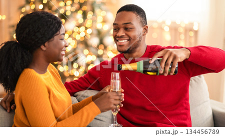Holiday for two at home and Christmas eve. Young cheerful african american guy pours champagne into female glass in living room interior with Xmas tree and glowing garlands, free space Holiday for two at home and Christmas eve. Young cheerful african american guy pours champagne into female glass in living room interior with Xmas tree and glowing garlands, free space 134456789