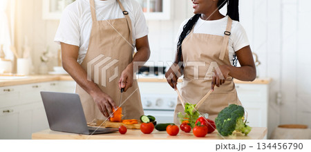 Black Millennial Couple Cooking In Kitchen Together And Using Laptop Computer, Cheerful Young Spouses Wearing Aprons, Preparing Healthy Food For Dinner At Home With Recipe From Internet, Copy Space Black Millennial Couple Cooking In Kitchen Together And Using Laptop Computer, Cheerful Young Spouses Wearing Aprons, Preparing Healthy Food For Dinner At Home With Recipe From Internet, Copy Space 134456790