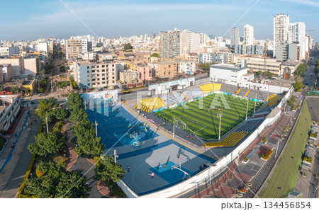 Urban sports complex in a bustling city environment 134456854