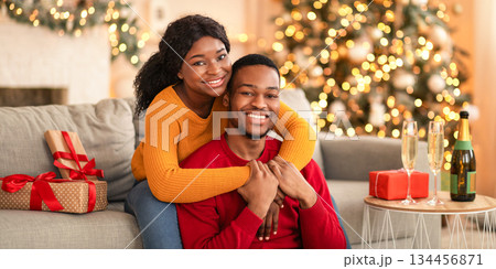 Relationship, date together on New Year night or Christmas eve. Young cheerful african american male and female hug and look at camera in living room interior with Xmas tree and glowing garlands Relationship, date together on New Year night or Christmas eve. Young cheerful african american male and female hug and look at camera in living room interior with Xmas tree and glowing garlands 134456871