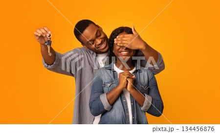 New Home. Loving Black Husband Holding Keys And Covering Wife's Eyes, Surprising His Excited Woman With Buying New Property While Standing Together Isolated Over Yellow Background, Copy Space New Home. Loving Black Husband Holding Keys And Covering Wife's Eyes, Surprising His Excited Woman With Buying New Property While Standing Together Isolated Over Yellow Background, Copy Space 134456876