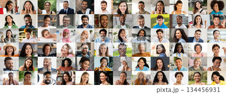 A collection of joyful faces from various backgrounds captures the essence of diversity. Each person is smiling, reflecting a sense of community and shared experiences. 134456931