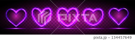A set of pink neon hearts with a place for text on a transparent dark background. 134457649