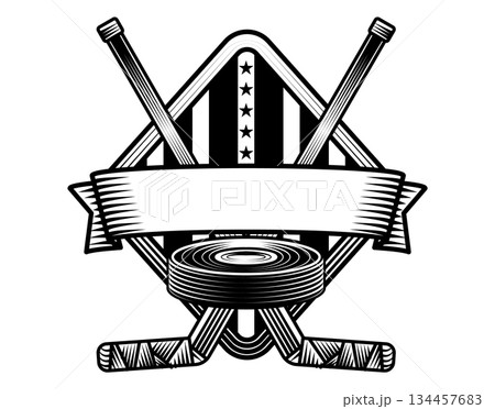vintage ice hockey sport logo illustration crossed sticks and puck with shield badge in retro emblem engraved drawing sketch 134457683