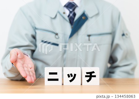 ニッチのブロックと作業着を着たミドル男性ビジネスマン 134458063