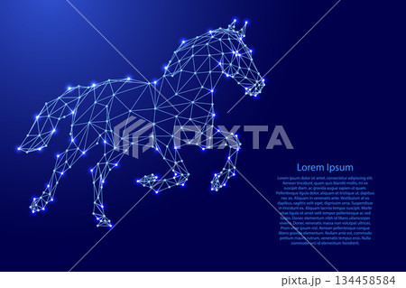 galloping elegant stallion from futuristic polygonal blue lines and glowing stars for banner, poster, greeting card 134458584